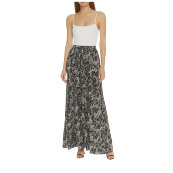 Unsubscribed Charcoal Gray Off White Floral Long 100% Silk Maxi Skirt - Picture 1 of 2